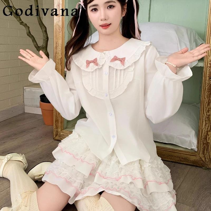 

Lolita Bottoming Shirt Long Puff Sleeve Cotton Cute Spring Autumn Loose Girls Top Sweet Peter Pan Collar Bow Age-reducing Shirts