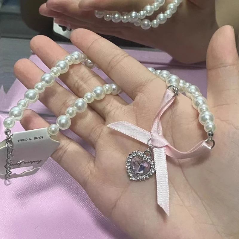 القوس الحب الصليب تقليد اللؤلؤ قلادة قلادة للنساء الفرنسية رومانسية الحلو لوليتا سلسلة الترقوة Harajuku Y2K مجوهرات هدايا #3