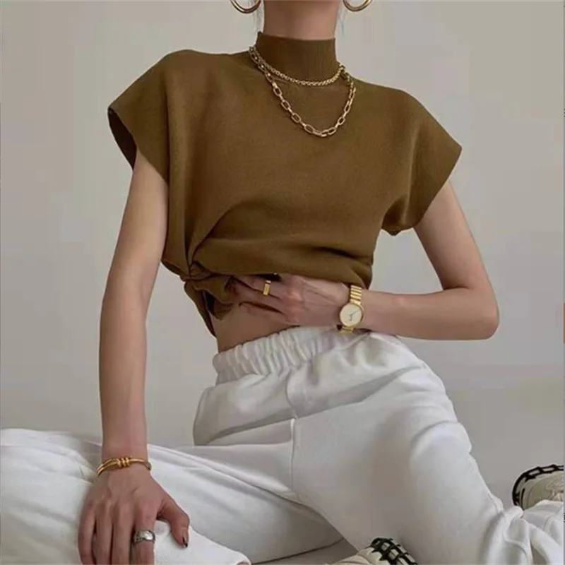 Knitted Vest Women Short Sleeve Top Half High Collar Slim Base Camisole Casual Tank Top Knitwear Summer Streetwear Ladies Camis