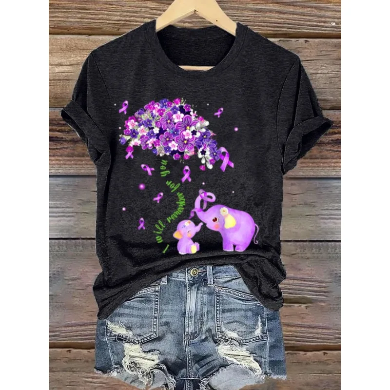 Women's Fight ALZ Print T-Shirts Summer Round Neck T Shirt Short Sleeve Tops Casual Tees