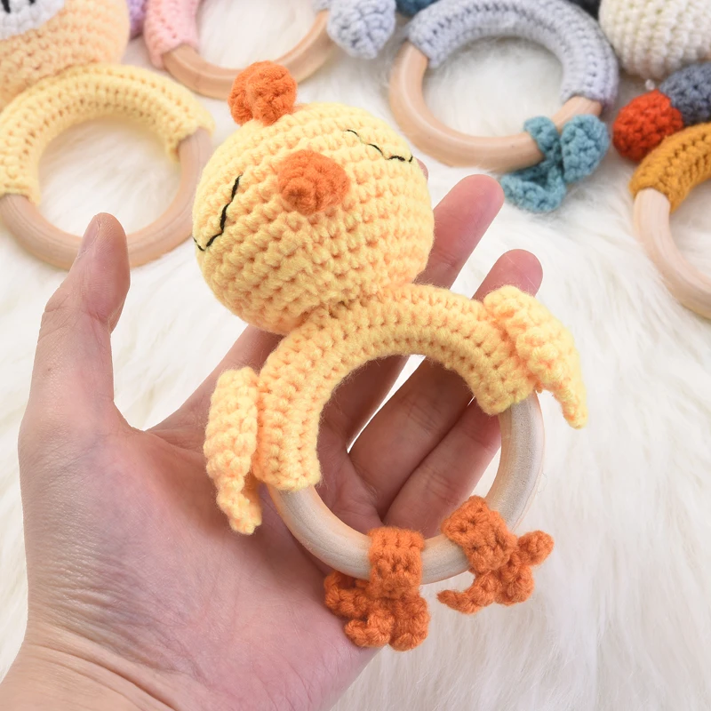 1Pcs Crochet Cartoon Animal Fawn Caterpillars Wooden Teether Rings Soother Bracelet Baby Rattle Toy Baby Product Teething Toy