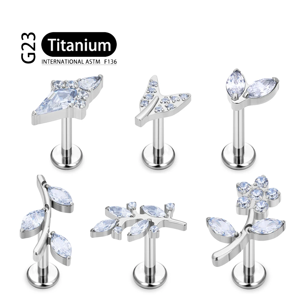 

F136 Titanium EAR PIERC Flower Leaf CZ Paved Top Labret Studs Ear Cartilage Flower pattern Earrings Lip Stud Piercing Jewelry