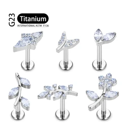F136 Titanium EAR PIERC Flower Leaf CZ Paved Top Labret Studs Ear Cartilage Flower pattern Earrings Lip Stud Piercing Jewelry