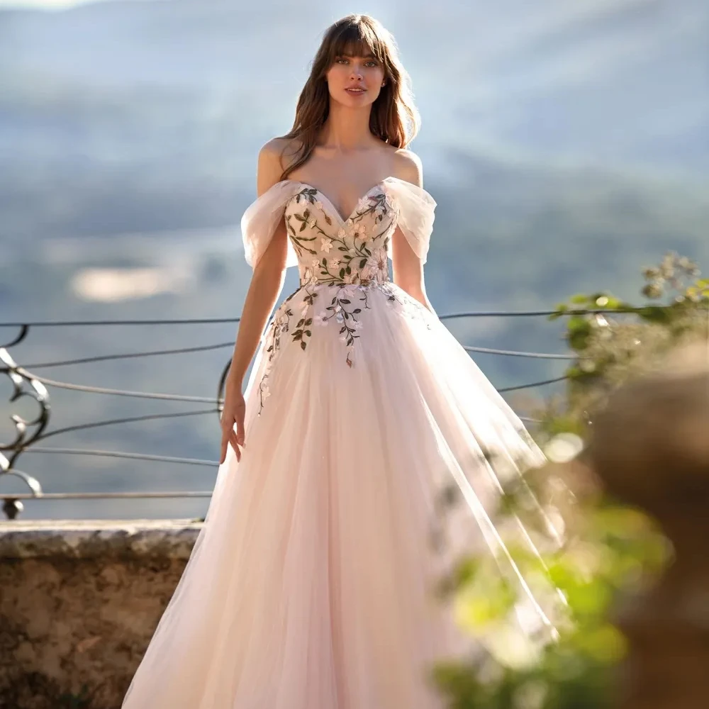 Luxury 2024 New Elegant Long Wedding Dress Off The Shoulder Classic V-neck Appliques Bridal Gowns Simple A-line Vestido De Novia