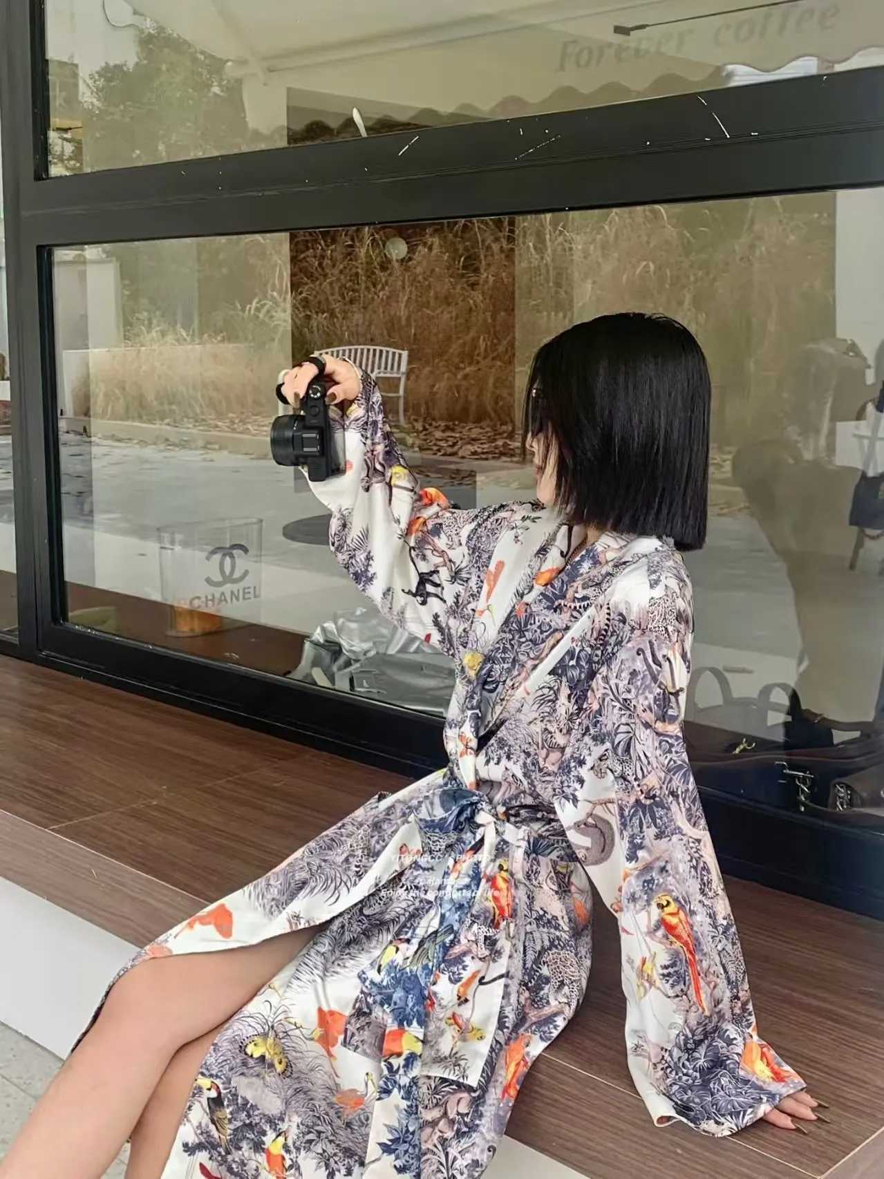 

Women's Silky Satin Bathrobe, Tropical Forest Wildlife Leopard Parrot Print Long Sleeve Belted Lounge Sleep Robe