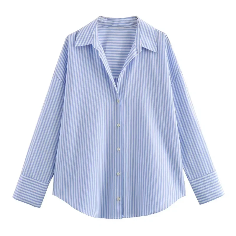 TRAF Woman Asymmetric Oxford White Blouses Blue Striped Long Sleeve Shirt For Women 2024 Casual Basic Shirts Woman Summer Top