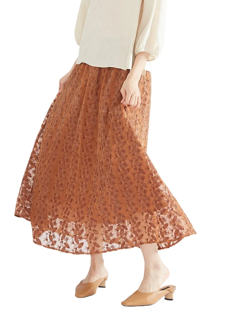 Women's Fashion Early Autumn New 100% Natural Mulberry Silk Embroidered Ochre Color Elastic Waist A-line Skirt