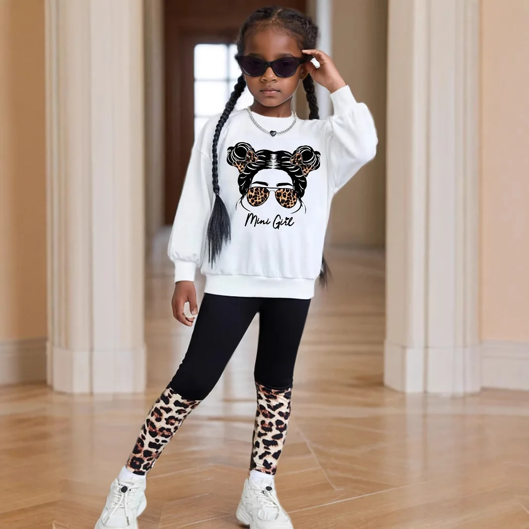 Girls Spring Autumn Fashion Clothing Sets Baby Girl Long Sleeve Cartoon Print Sweatshirt + Leopard Tight Trousers Sports Suit