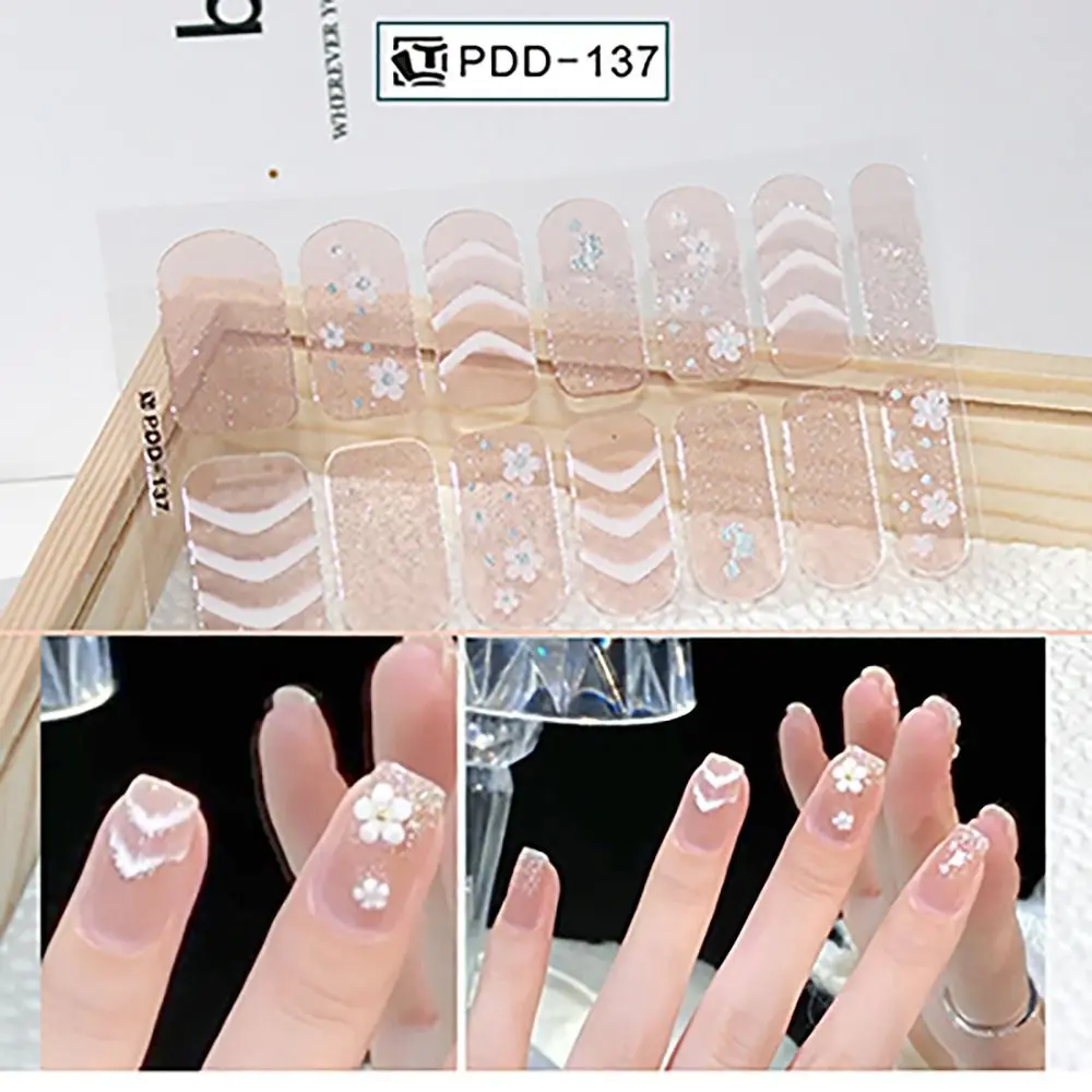 Easy To Removal 14Strips Gel Nail Stickers Floristic Semi Cured Nail Patch Full Cover Gel Nail Polish Strips DIY Nail Art Making