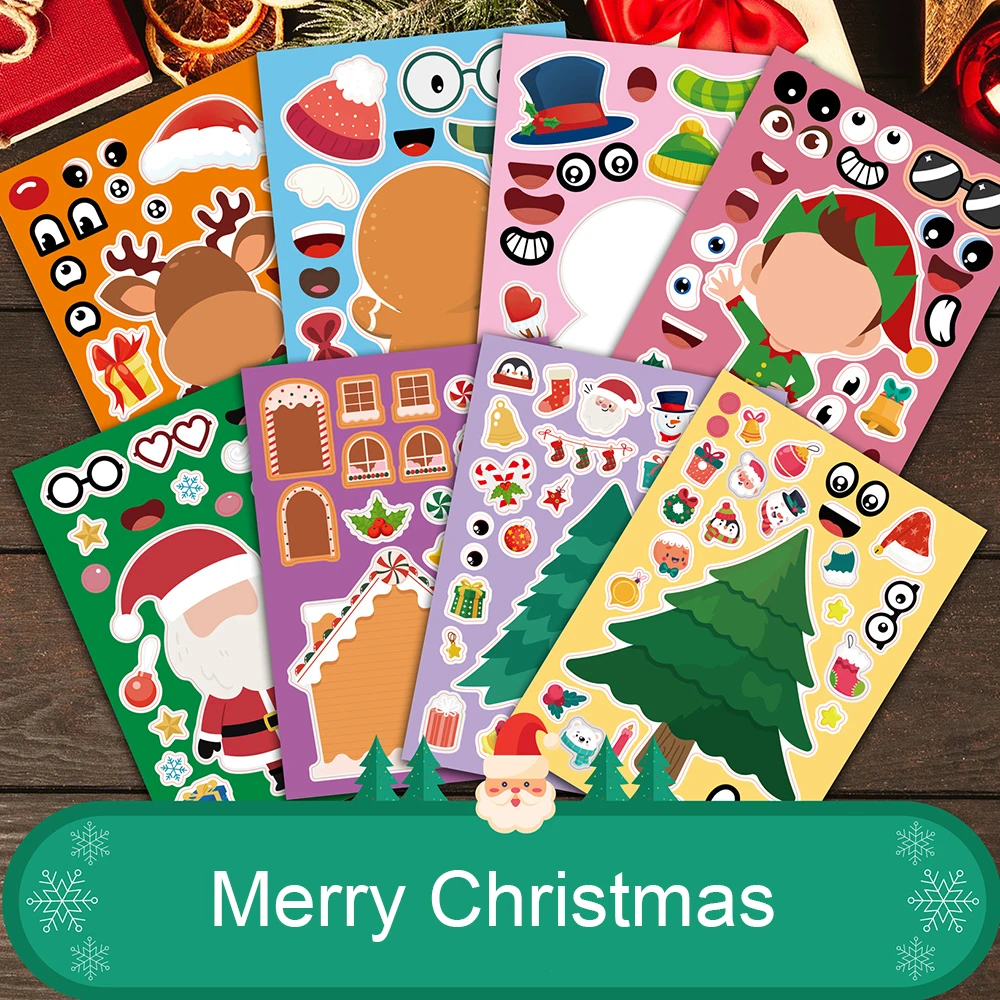 6/12Sheets Christmas Puzzle Stickers Game Make A Face DIY Cartoon Kid Toy Party Gift Decoration Children Assemble Jigsaw Sticker