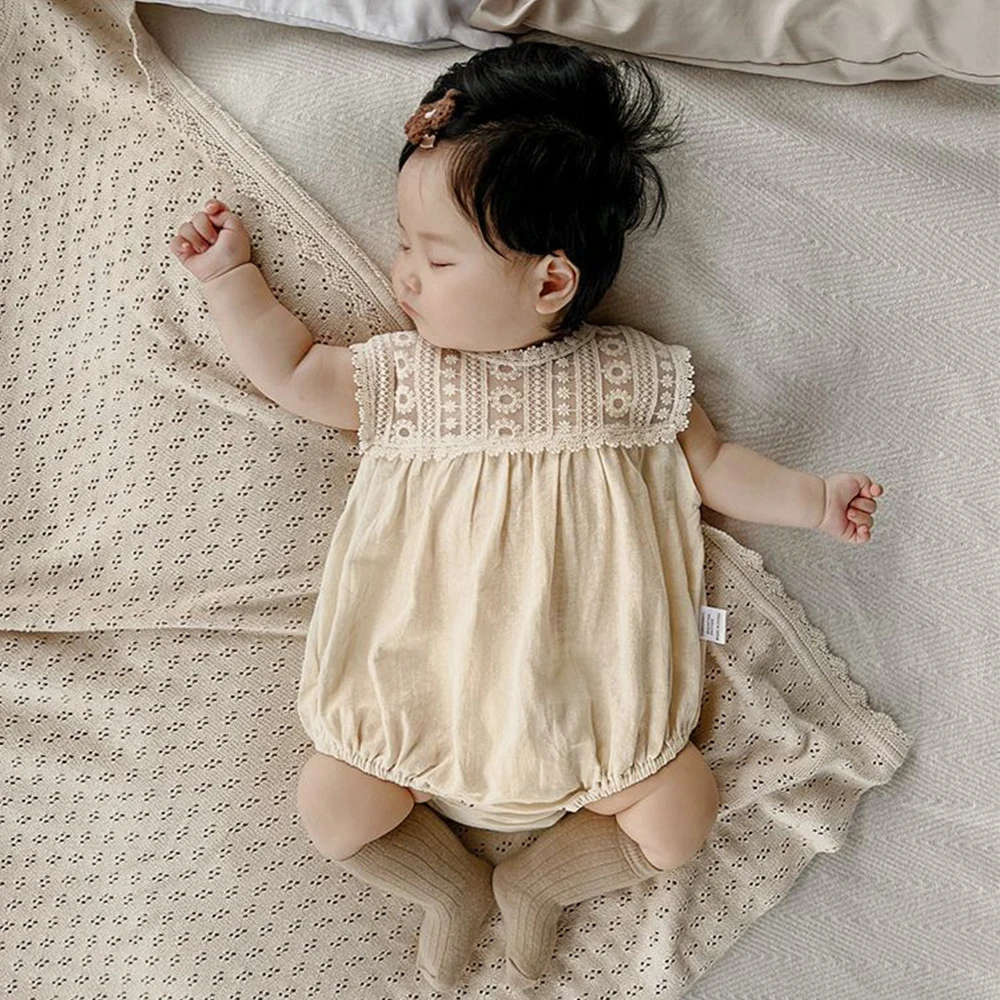 

Летний комбинезон для новорожденных девочек с кружевным цветочным воротником и коротким рукавом, одежда для малышей, летний комбинезон для ползания, ромпер для младенцев и малышей