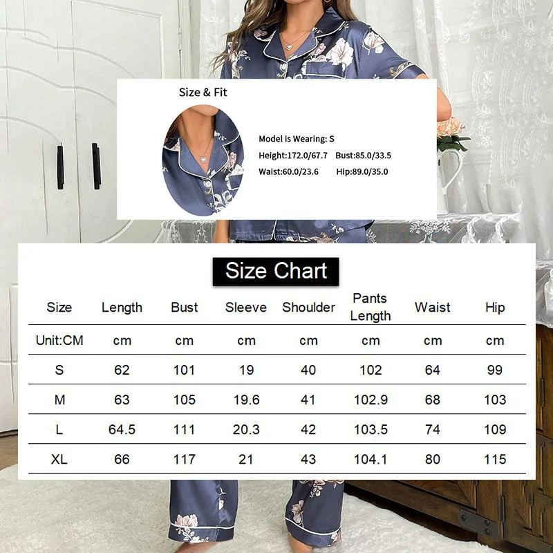 Women\'s Pajamas Pj Set Luxurious Satin Sleepwear Short Sleeve Button Up Top with Lapel Collar & Elastic Waist Pants Pyjama Femme