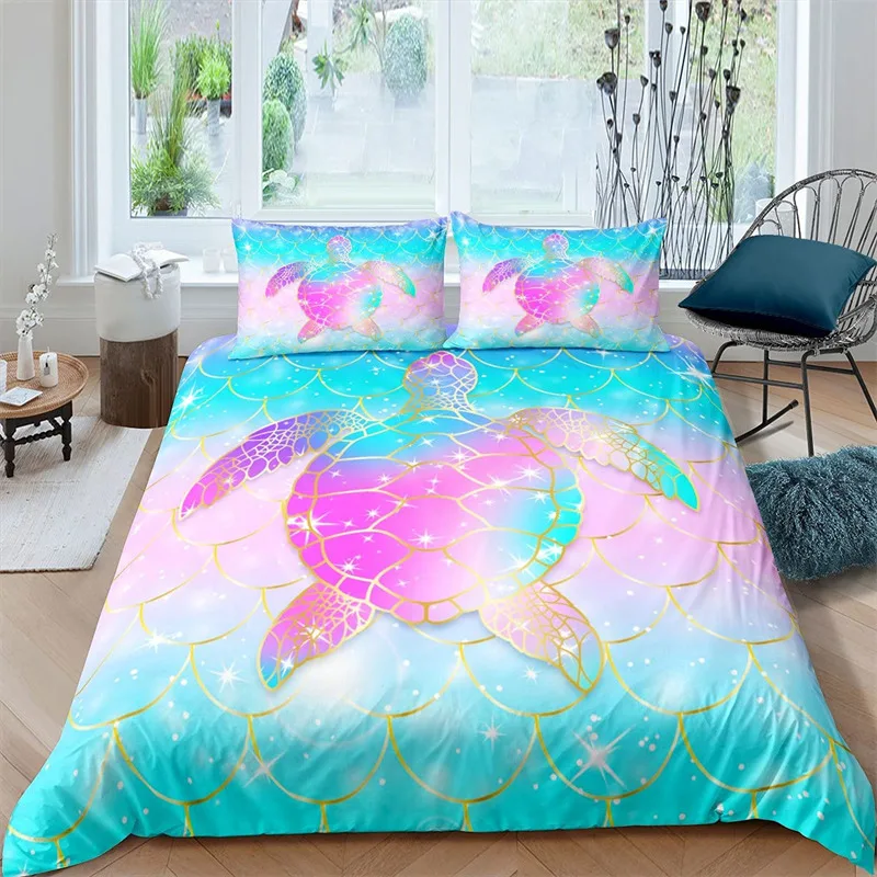 Sea Turtle Duvet Cover Ocean 3D Corals Fishes Hawaii Tortoise Print Bedding Set For Kids Boys Sealife Theme Mediterranean Style