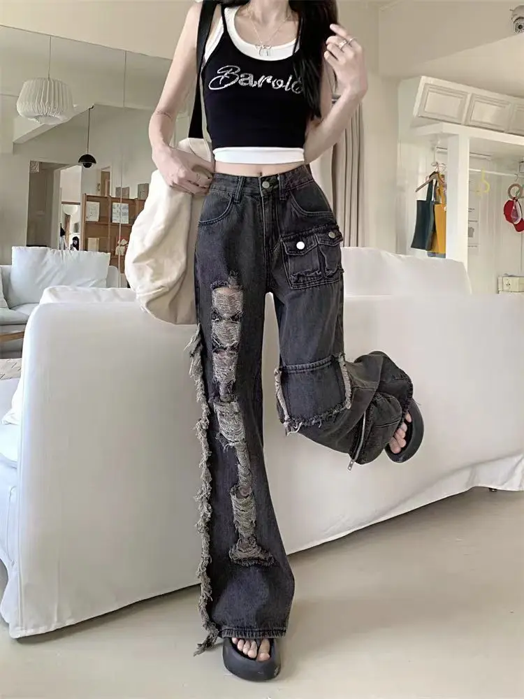 

washed ripped multi-pocket high street cargo pants women 2024 aesthetic fashion American retro flare jeans