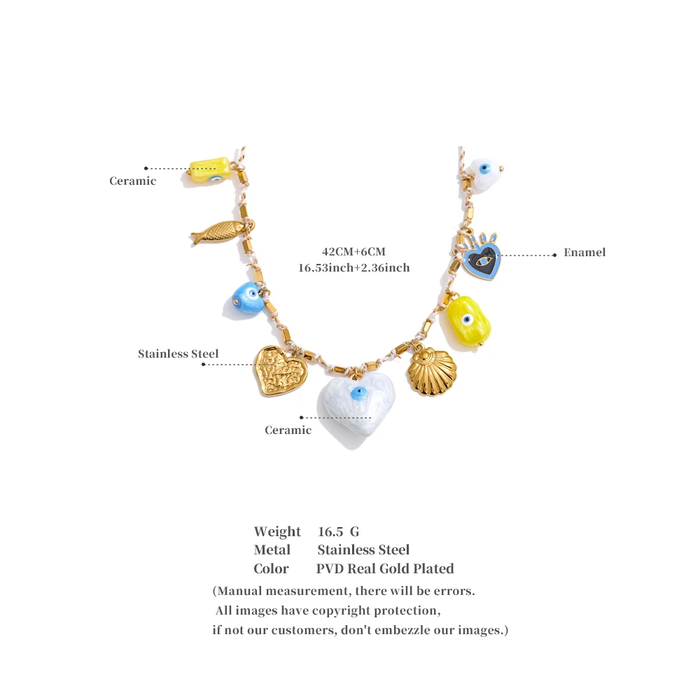 Yhpup Keramik Herz Auge Shell Anhänger Halskette Trend Edelstahl Charme Manuelle Neue Ankunft Kragen Schmuck für Frauen Geschenk – Detail 3