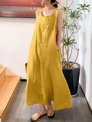 ZANZEA Women Summer Solid Dress Sleeveless O-Neck Drawstring Lady Sundress Korean Oversized Casual Elegant Holiday Beach Dreses