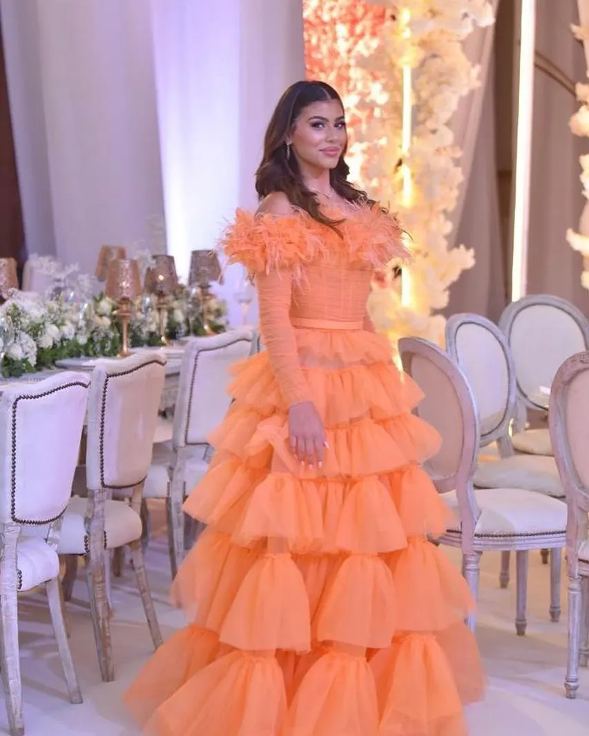 Orange Layered Tulle Long Evening Dresses See Thru Full Sleeves Feather A-line Tutu Tulle Formal Party Dress Middle East Gowns