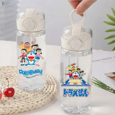 Copo de Água Anime Doraemon 400ML, Garrafa de Água Plástica Transparente de Grande Capacidade para Crianças, Presente para Meninos