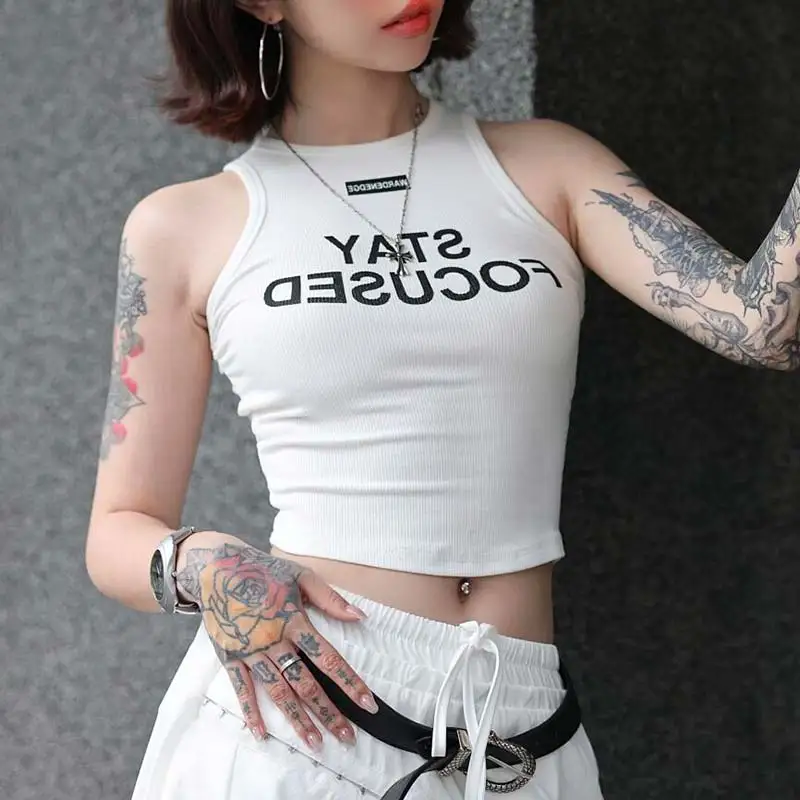 PBAP Summer White Tank Top for Woman Y2K Lounge Rib Knit Letter Printing Racerback Stretchy Crop Top Simple Workout Streetwear