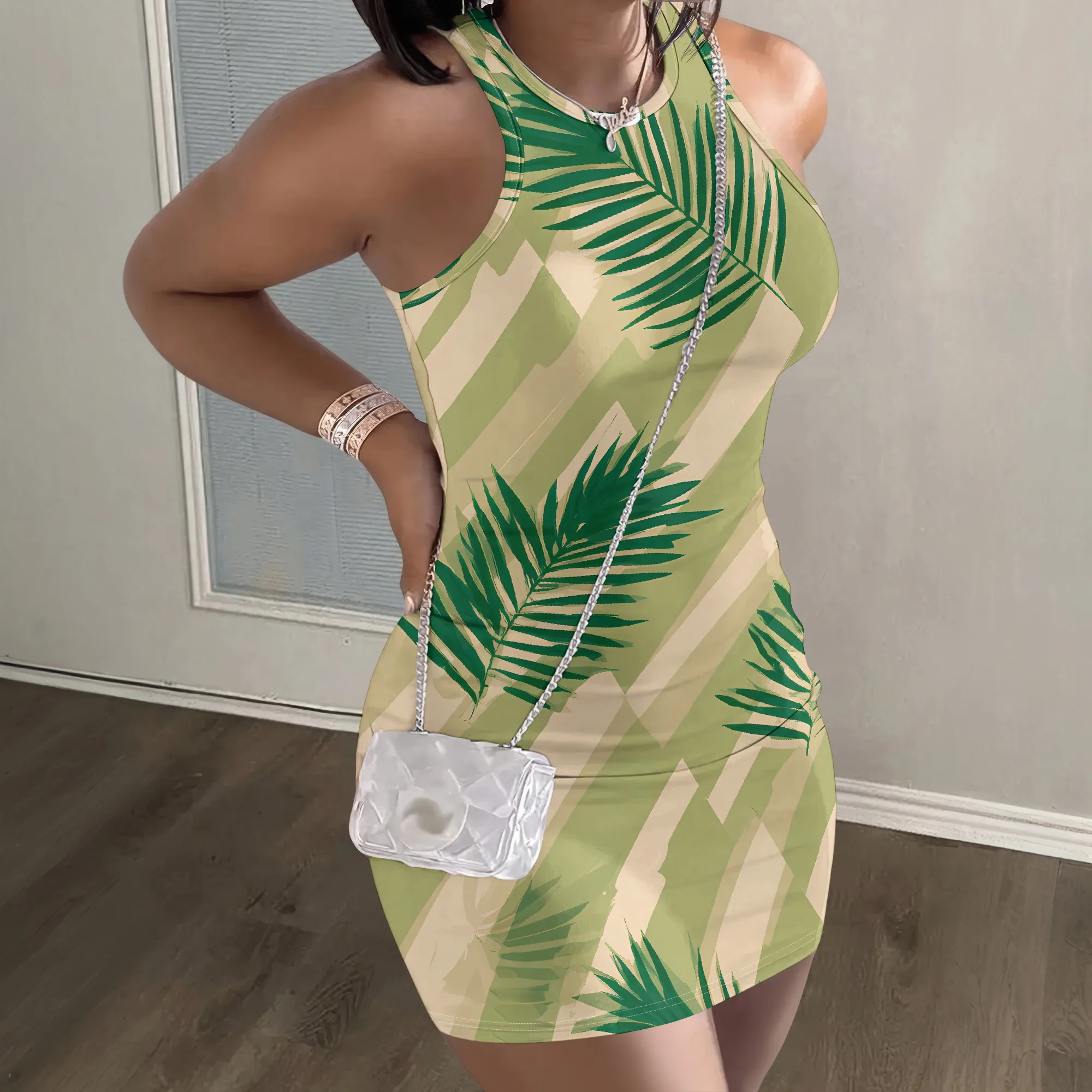 Green Palm Leaf Print Dress Tropical Pattern Mini Dress Sleeveless Bodycon Summer Dress Beach Vacation Party Wear for Women