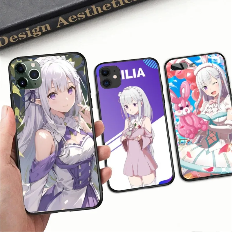 Anime Waifu Emilia Phone Case for iPhone 14 13 12 11 XS X 8 7 6 Plus Mini Pro Max SE 2022 Black Soft Phone Cover Funda