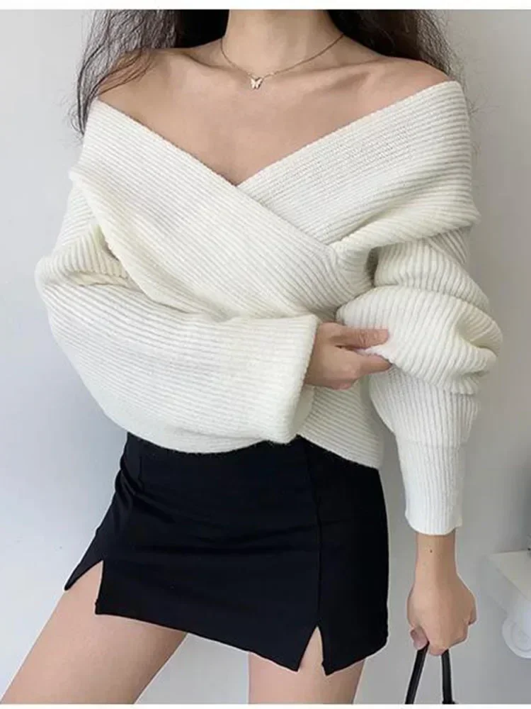 Women Winter Autumn Sweater V-neck Top New Korean Version Loose and Versatile Short Sexy Sweater Slimming and Gentle Knit D4335