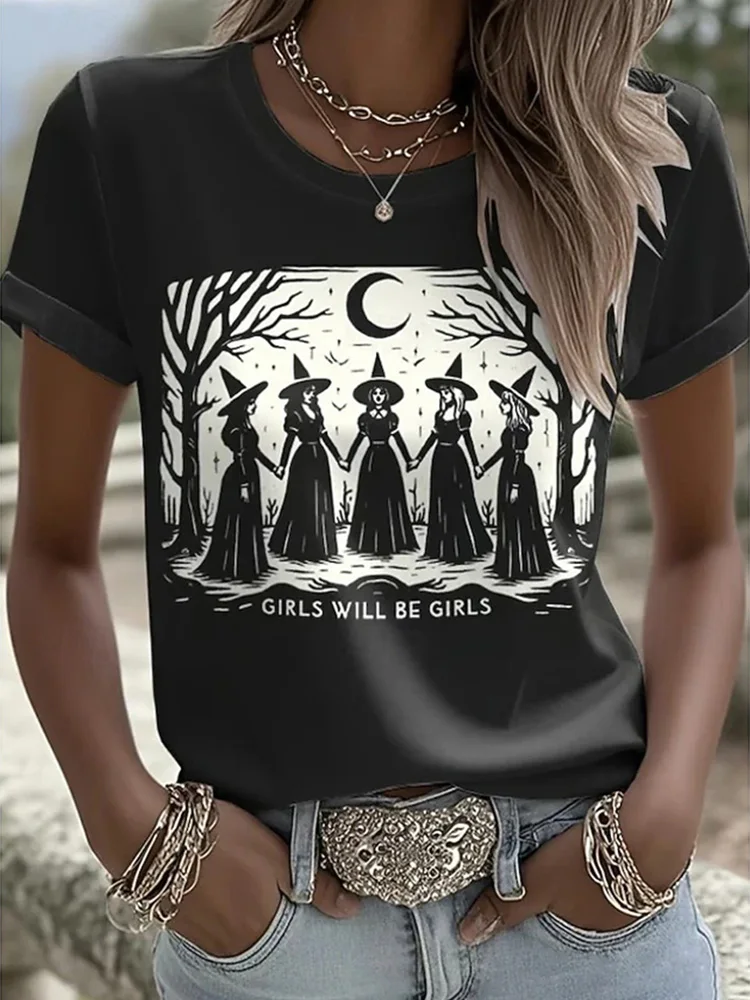 2025 Summer Halloween Witch Women's T-Shirt Fashionable Outdoor Trendy Top T-Shirt Relaxed Fit Halloween Women's Costume