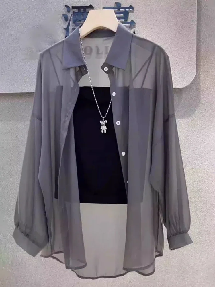 

Semi Sheer Long Sleeve Button Up Shirts Lightweight Chiffon Single Breasted Blouse Shirt Women Spring Summer 2026 Casual Tops