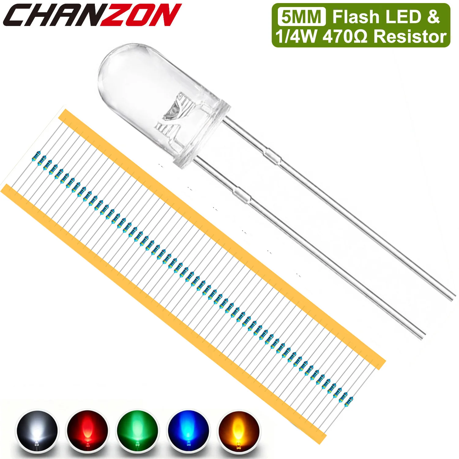 5mm Flashing Led Diode Kit 1/4W 1% 470 Ohm Resistor White Red Green Blue Yellow 2V 3V Bulb Light Emitting Assortment Set Arduino