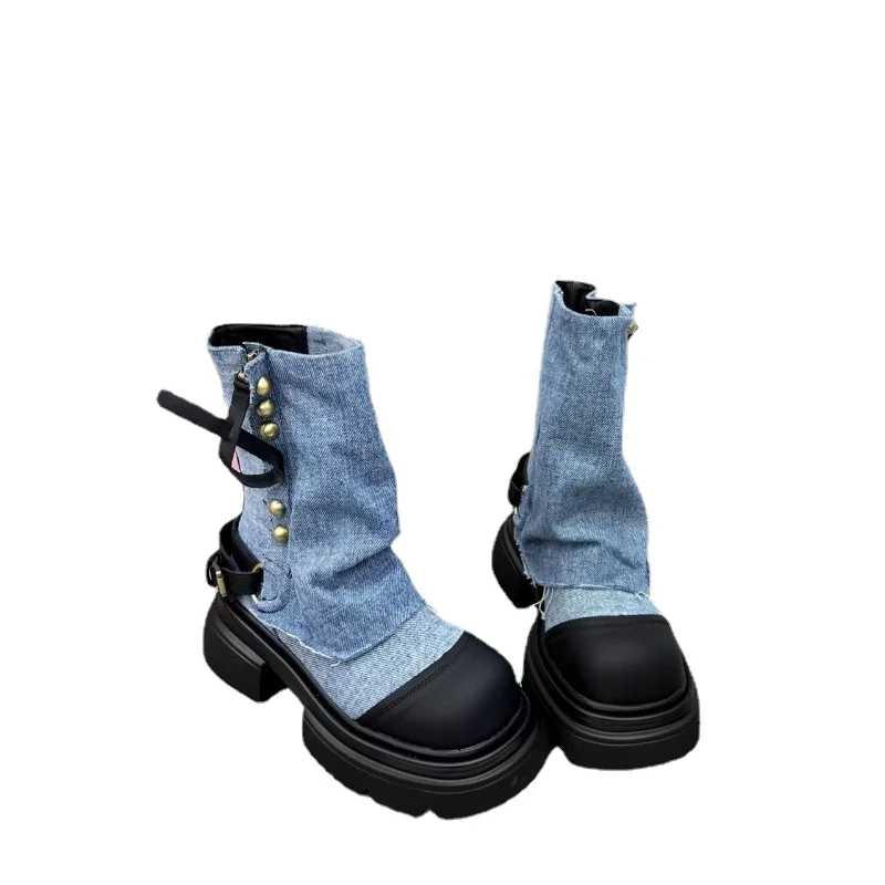 Bota de tornozelo de plataforma redonda feminina, sapato de slip-on de alta qualidade, rebite, casual, feminino, nova moda, 2023