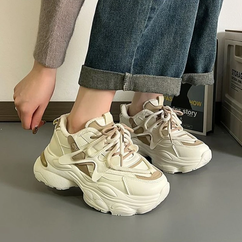 

Women Fleece Lined Dad Shoes 2025 Winter New Thick Sole Height Increasing Sneakers Versatile Student Ins Trendy