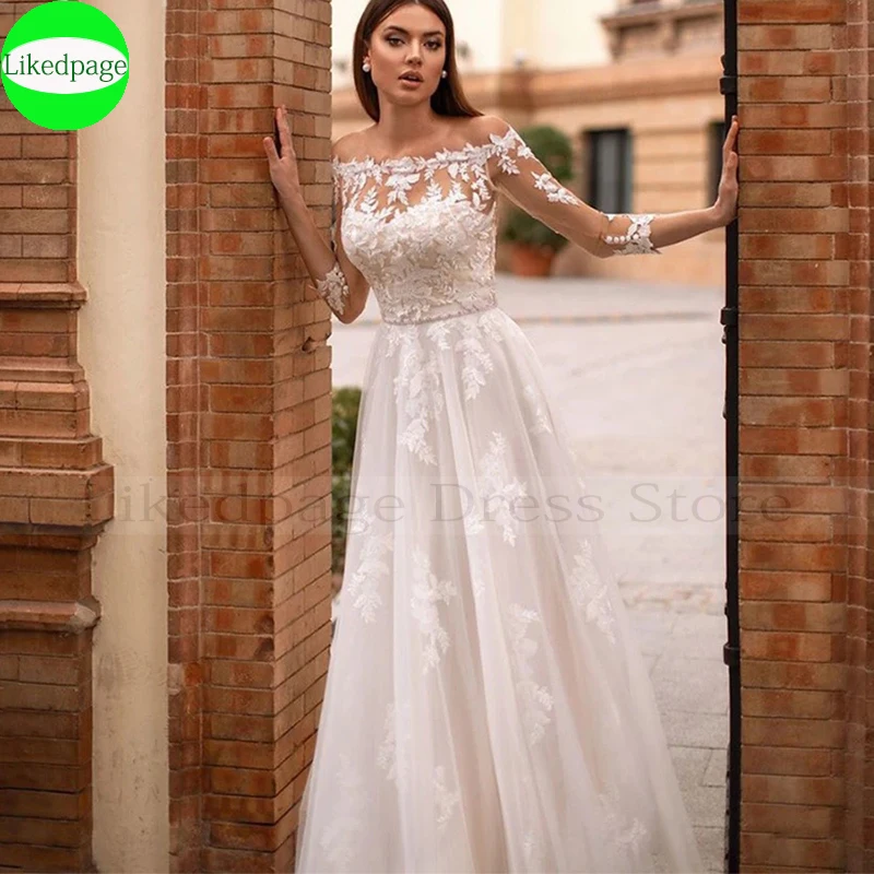 Elegantes vestidos de casamento Strapless A Line, Boat Neck, Apliques Lace, Vestido nupcial Boho com mangas, 2024