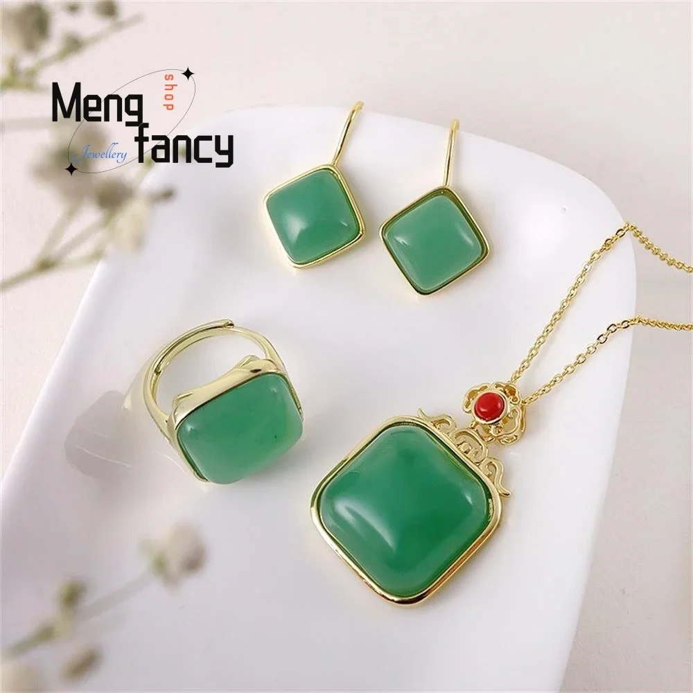 Natural Tung Ling Jade Square Interface Set Pendant Earrings Ring Simple Elegant Exquisite Best Selling Fashion Luxury Jewelry