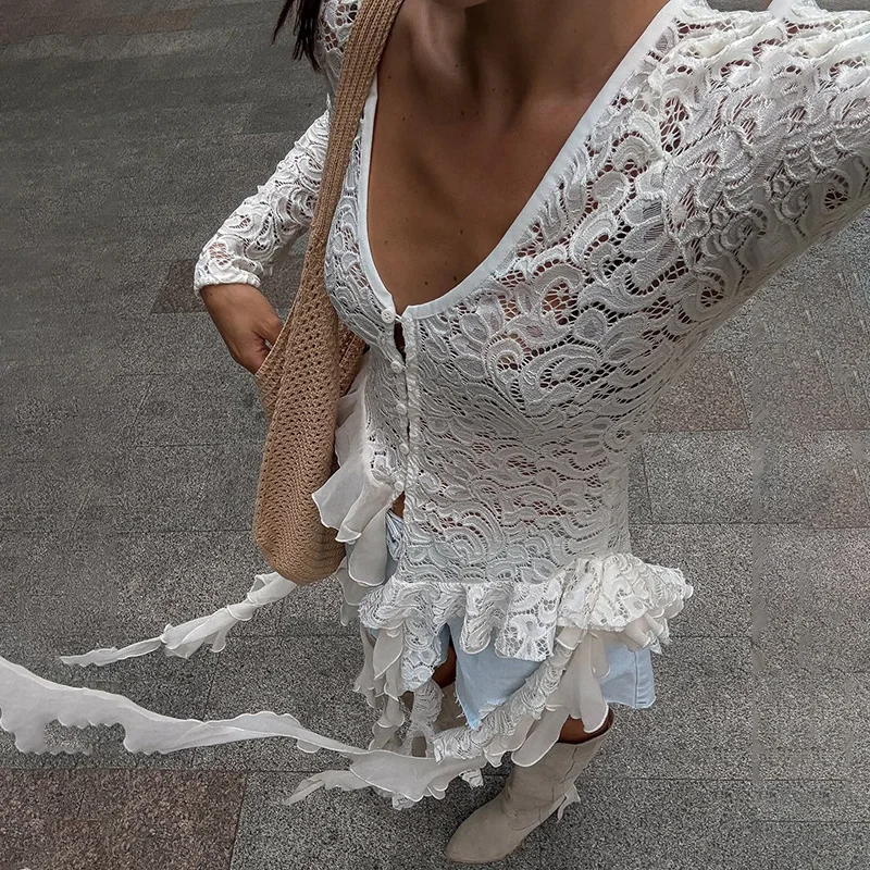 

Tornova White Lace Shirt Women's V-neck Long Sleeved Ribbon Top Fashion Irregular Splice Slim Sexy See Through Club Party Shirt