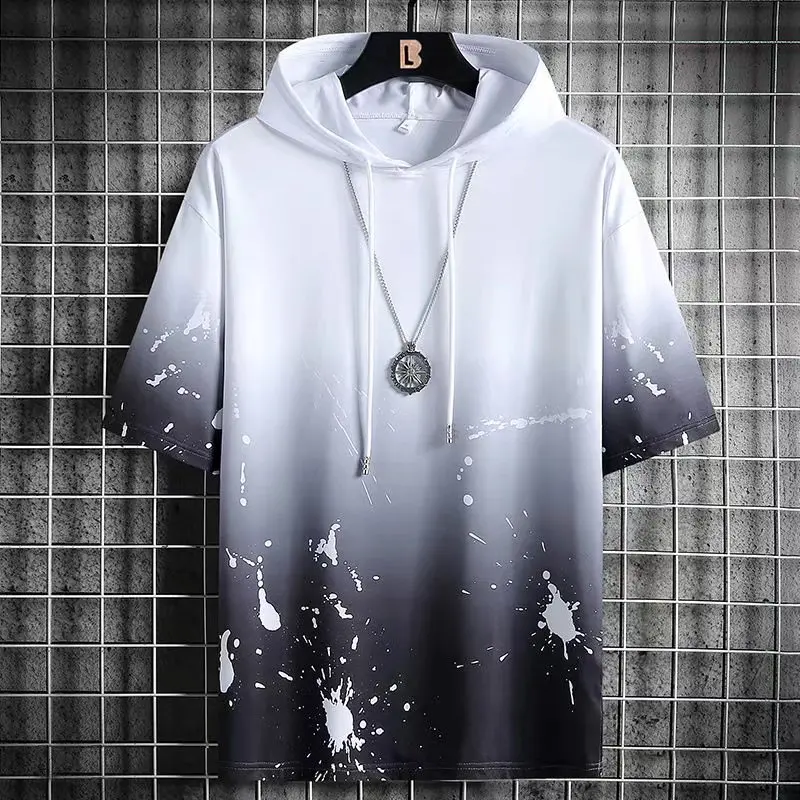 Sudadera con capucha de manga corta para hombre, ropa de calle de moda, estilo Hip Hop, informal, Harajuku, Splash ink
