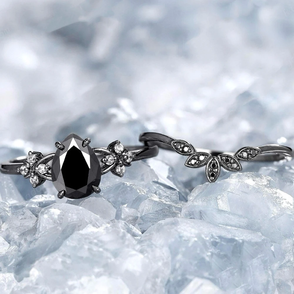 2Pcs Gothic Black Zircon Stone Ring Set