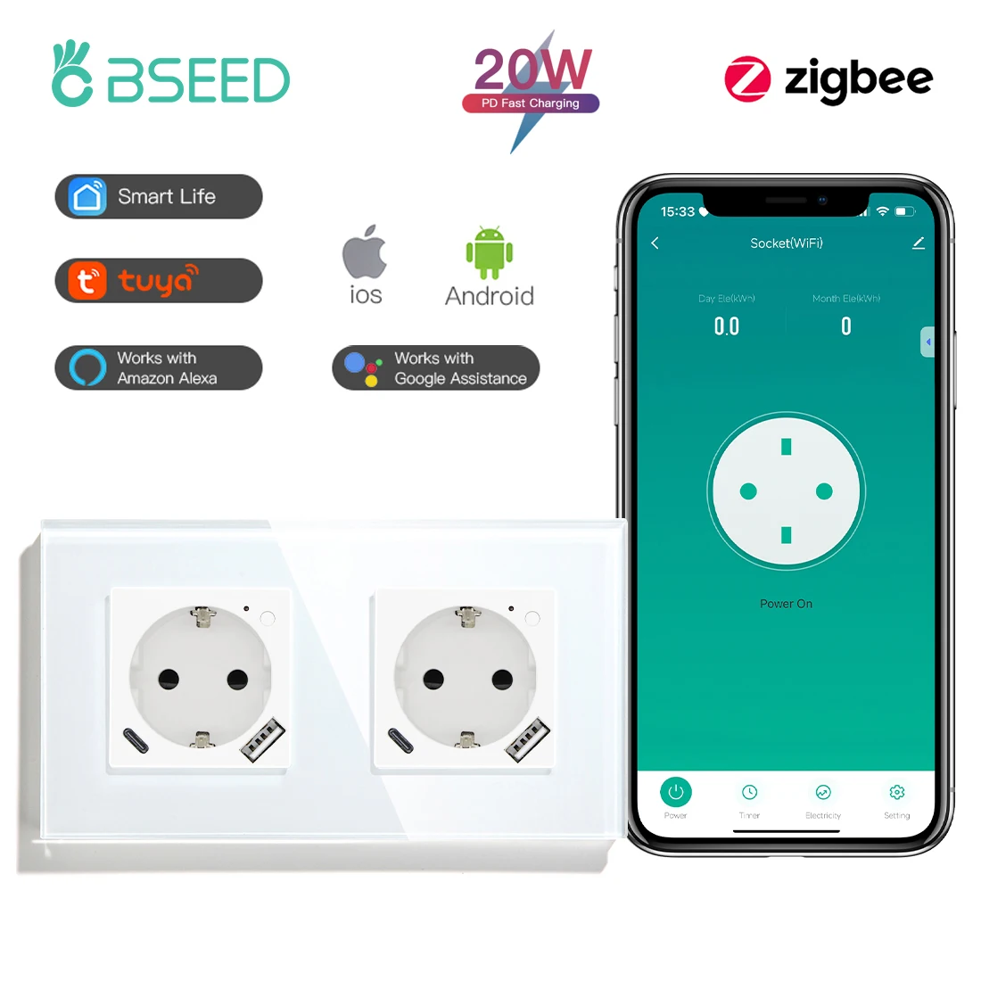 BSEED Zigbee Smart Socket 20W Fast Charge USB Type-C Phone Charge Port Glass Panel Tuya Google Home Alexa Control