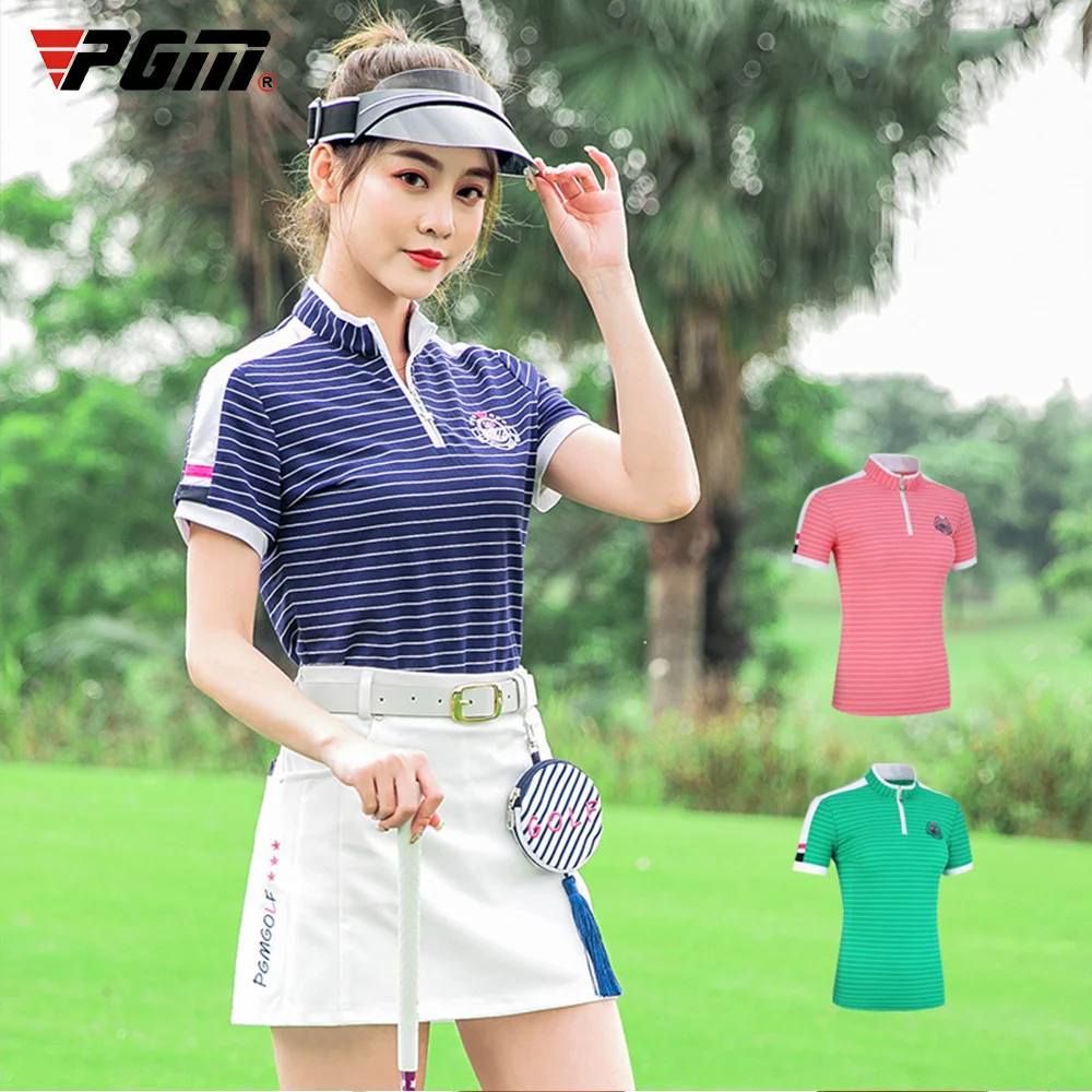 

PGM Golf Women's Sports Short sleeved Summer Women's Striped Short sleeved Improved Tang Dynasty Stand Neck 여성 골프웨어