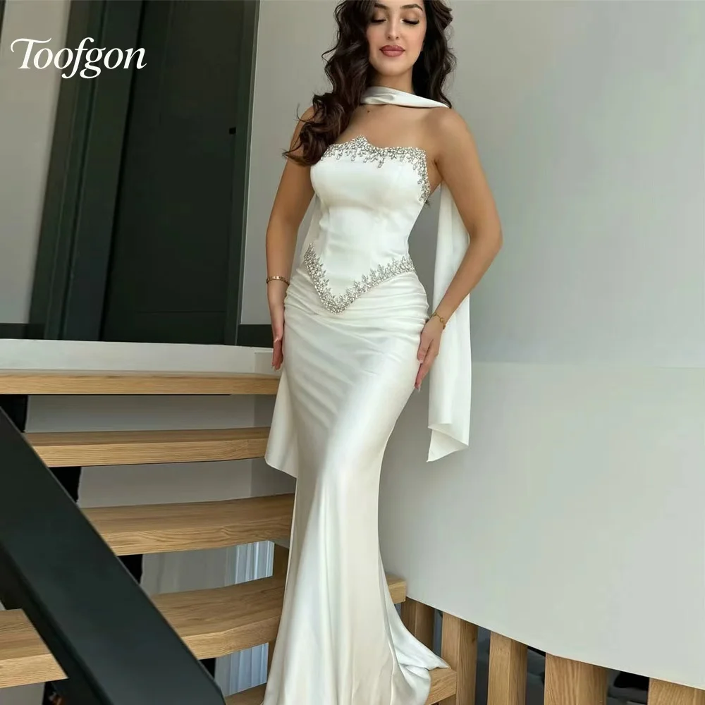 Toofgon Elegant Women Satin Mermaid Evening Dresses with Beading Floor-Length Strapless Luxury Party Gown Special Customizable