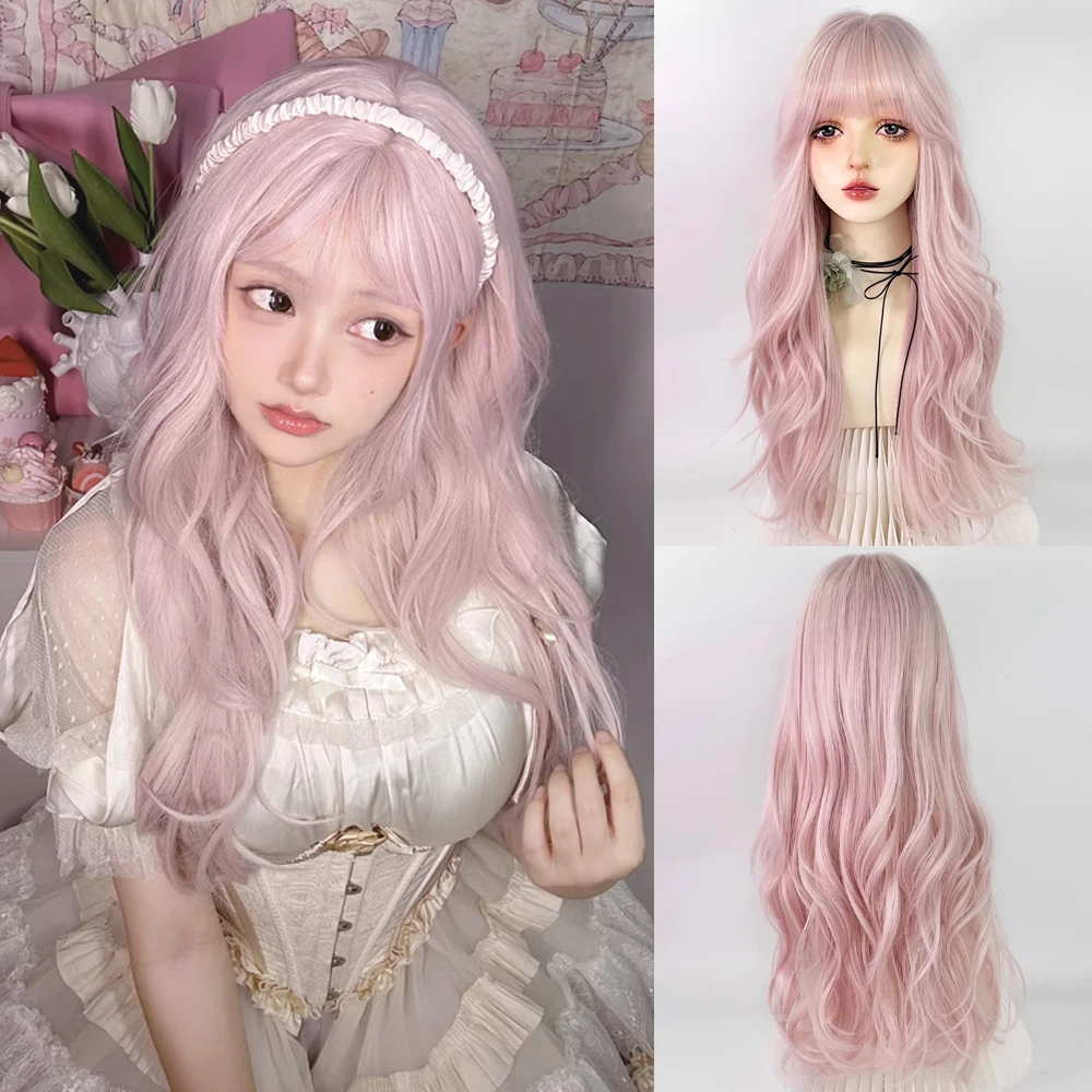 

VICWIG Light Pink Synthetic Women Wavy Wigs with Bangs Lolita Cosplay Natural Fluffy Hair Wig for Daily Party