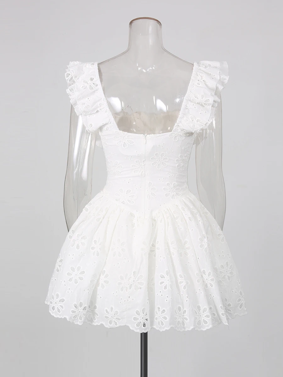 TWOTWINSTYLE Embroidery Solid Sweet Dresses for Women Square Flying Sleeve High Waist Slimming A Line Mini Dress Female Fashion - view 6
