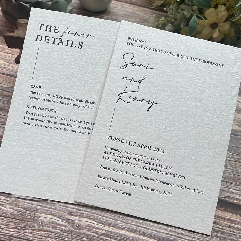 50/80pcs Custom Embross Cotton Invitation, Printable Wedding Invitation, Minimal Rustic Embossed Invite,