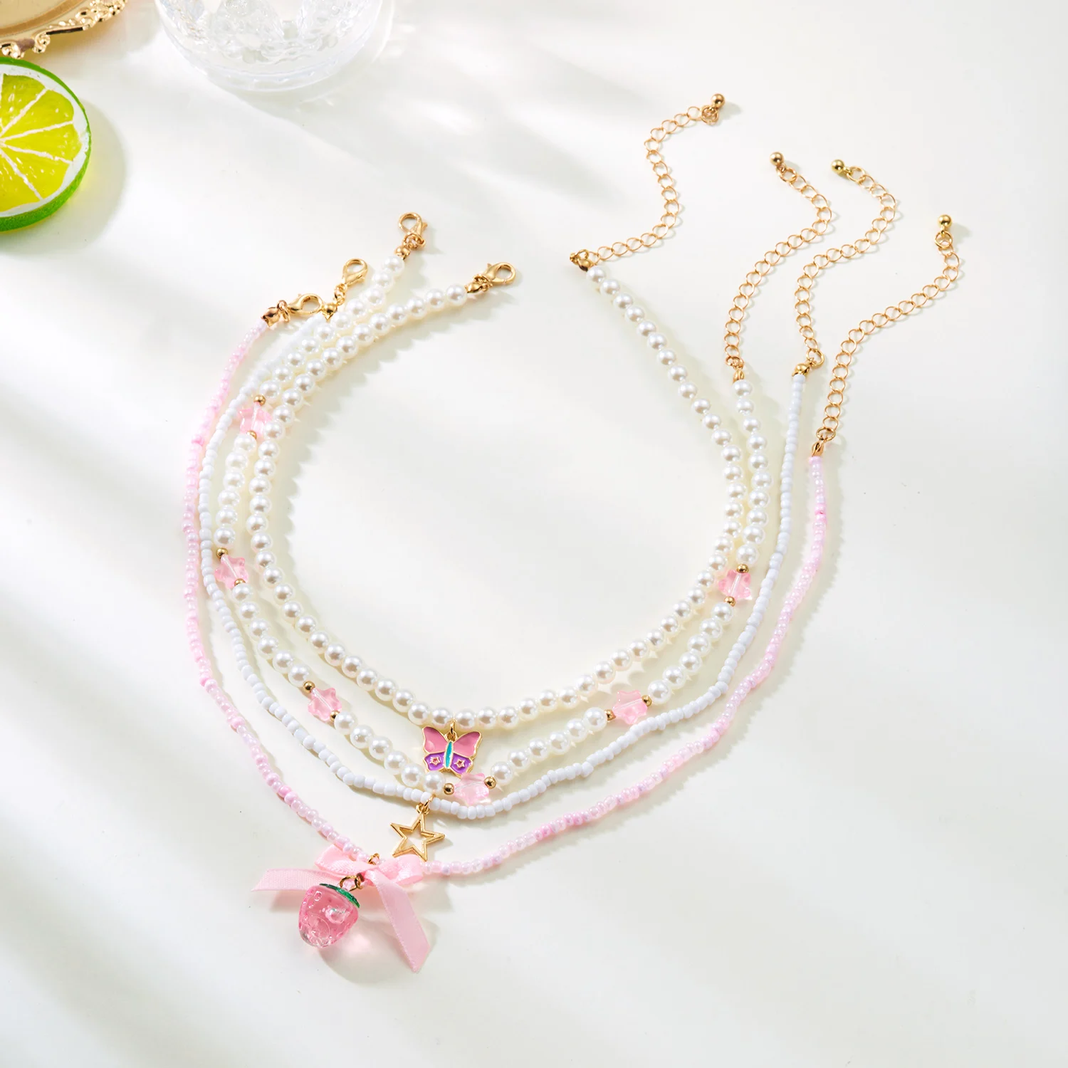 Romantische süße rosa Schleife Liebe Herz Anhänger Halskette Set für Frauen einfache handgemachte mehrschichtige Perlen Halskette Party Schmuck – Detail 3