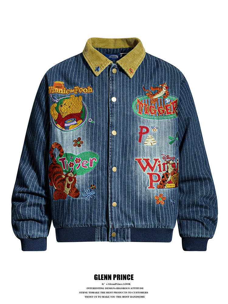 

GPstudio Американская ретро-куртка из утолщенного хлопка с принтом медведя, мужская свободная модная джинсовая куртка, молодежная повседневная одежда