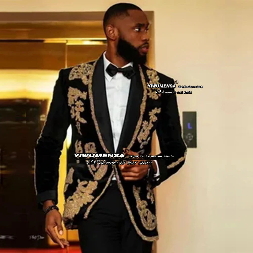 

Dubai Arabic Wedding Suits Slim Fit Gold Appliques Coat Pants Last Design Boyfriend Terno Masculino Casamento Male Clothing 2022