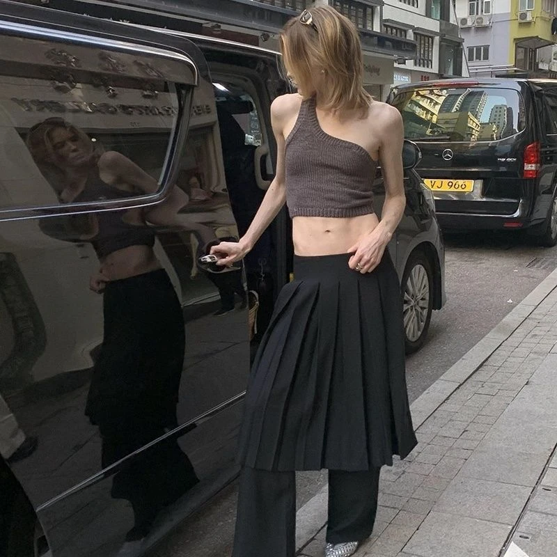 

Spring Autumn Niche Layered Wide-leg Floor-length Culottes Women's Loose Casual High Street Personality Pant Female Clothes