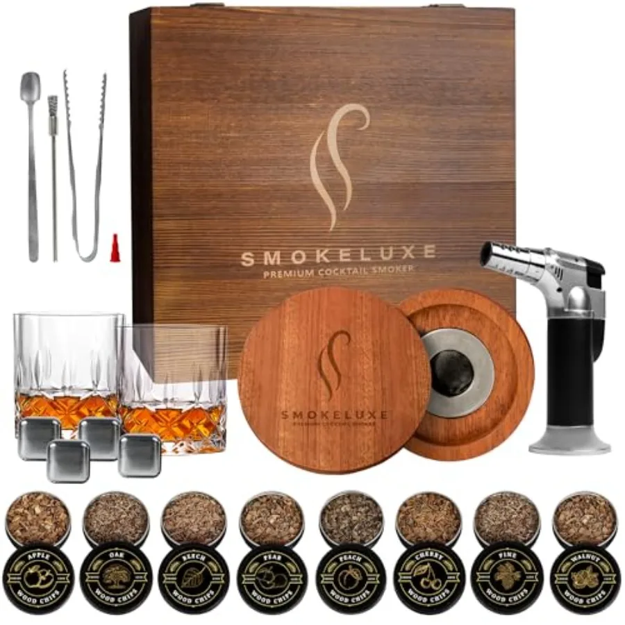 

Whiskey Smoker Kit with 8 Wood Chip Flavors - Premium Bourbon Smoker Kit Set with Glasses Stainless Steel Ice Cubes Refillable