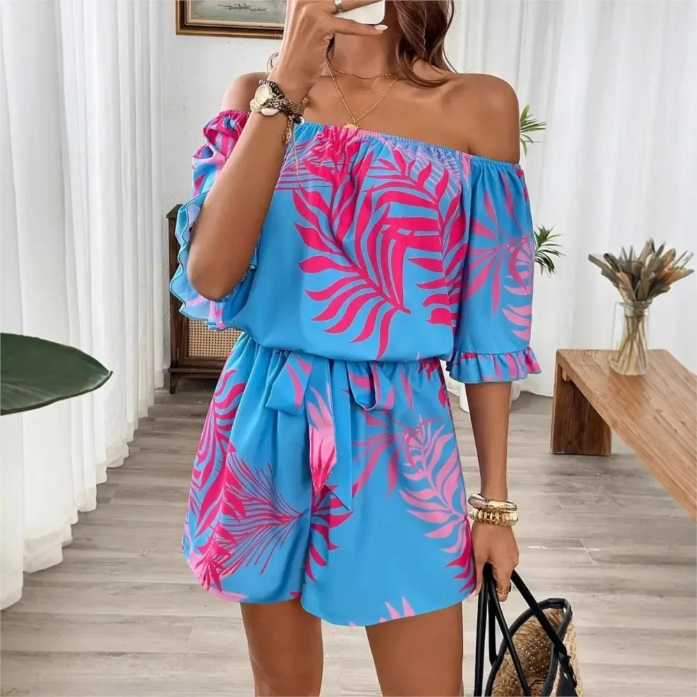 

Сексуальный женский комбинезон на одно плечо с принтом и коротким рукавом, летний модный комбинезон с завязками на талии для пляжного отдыха, 2026