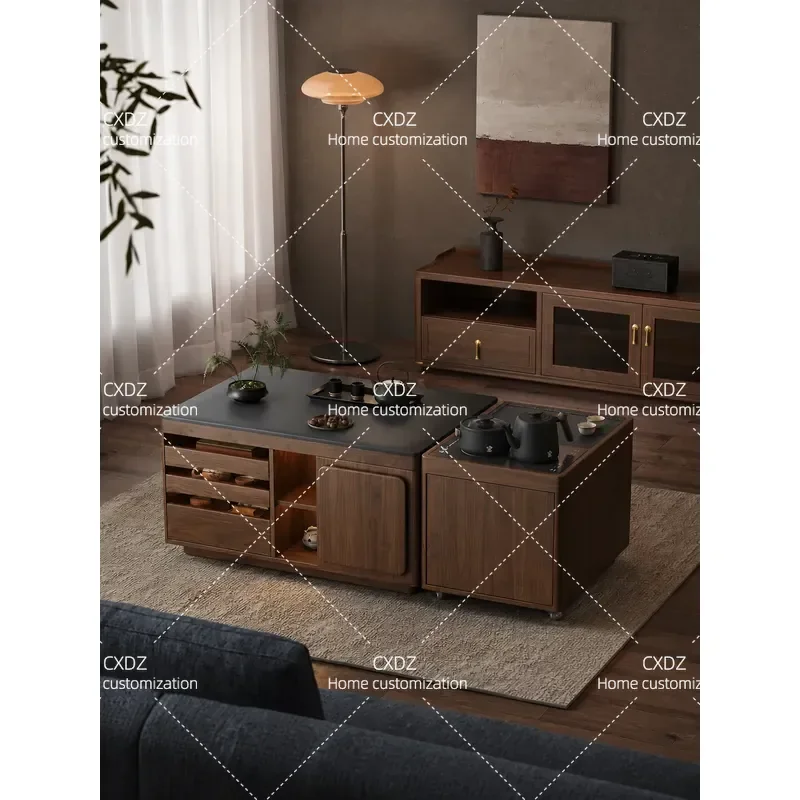 Movable Solid Wood Coffee Table with Rock Slab Top Modern Intelligent Small Tea Table for Household Living Room Integrated