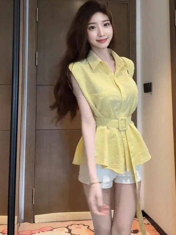 Ele Belted Svel irt Women's Faion Summer New Sle Simple Match All Slimming Small irt Commute Sle Loose Fit